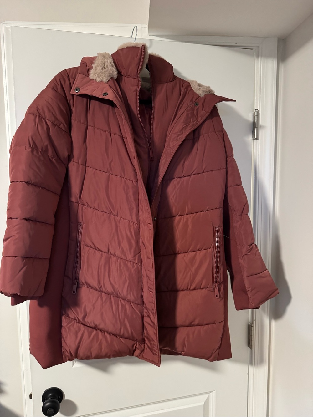 Andrew Marc Rose-Peach Puffer Coat with Faux Fur Trim